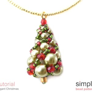 May include: A beaded Christmas tree pendant with green and red beads, hanging from a gold chain. The pendant is a DIY project from Simple Bead Patterns.