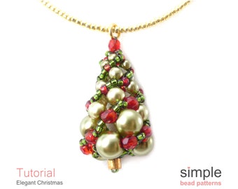 May include: A beaded Christmas tree pendant with green and red beads, hanging from a gold chain. The pendant is a DIY project from Simple Bead Patterns.