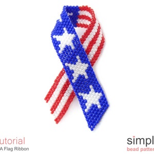 May include: A beaded ribbon in the colors of the American flag, with red and white stripes and blue stars. The ribbon is tied in a bow.
