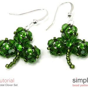 May include: Green crystal clover earrings with silver hooks. The clovers are made of small green beads and have a delicate, intricate design.  Tutorial: Crystal Clover Set. simple bead patterns.