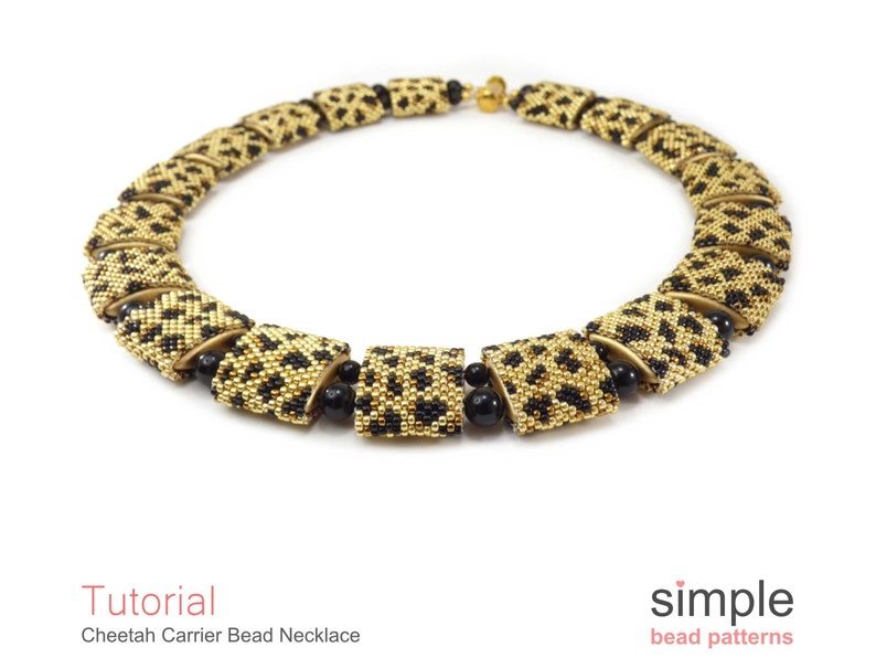 May include: Gold and black beaded necklace with a cheetah print pattern. The necklace is made of small beads and has a clasp closure. The necklace is about 18 inches long.