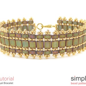 May include: A gold and green beaded bracelet with a simple design. The bracelet is made with small, square beads and round beads. The bracelet is called "Royal Bracelet" and is a tutorial from "simple bead patterns".
