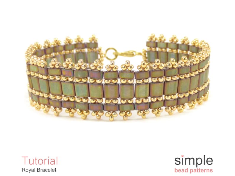 May include: A gold and green beaded bracelet with a simple design. The bracelet is made with small, square beads and round beads. The bracelet is called "Royal Bracelet" and is a tutorial from "simple bead patterns".