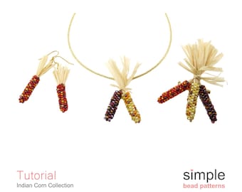 Beaded Indian Corn Earrings, Necklace, and Brooch Beading Patterns and Tutorial, DIY Jewelry Making Pattern, Bead Weaving Patterns, P-00224