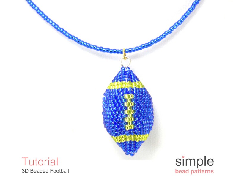 May include: A blue and yellow beaded football pendant on a blue beaded chain. The pendant is a 3D beaded football with yellow stripes. The chain is a simple beaded chain. The pendant is hanging from a gold jump ring. The image is labeled "Tutorial 3D Beaded Football" and "simple bead patterns".