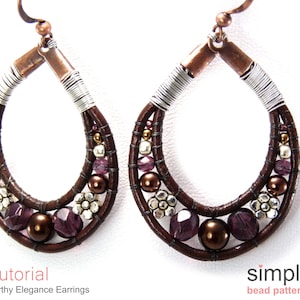 May include: A pair of brown leather earrings with silver and copper wire, purple and brown beads, and silver flower charms.  Tutorial: Earthy Elegance Earrings.