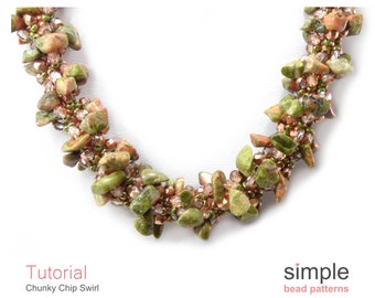 Gemstone Chips Spiral Beaded Rope Necklace Pattern, Beadweaving Tutorial Twisted Gem Stone Chip Necklace Jewelry Making Instructions P-00083