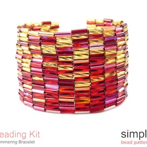 May include: A beaded bracelet kit featuring a shimmering red and gold bracelet. The bracelet is made with small, rectangular beads in a repeating pattern. The kit includes all the materials needed to make the bracelet.
