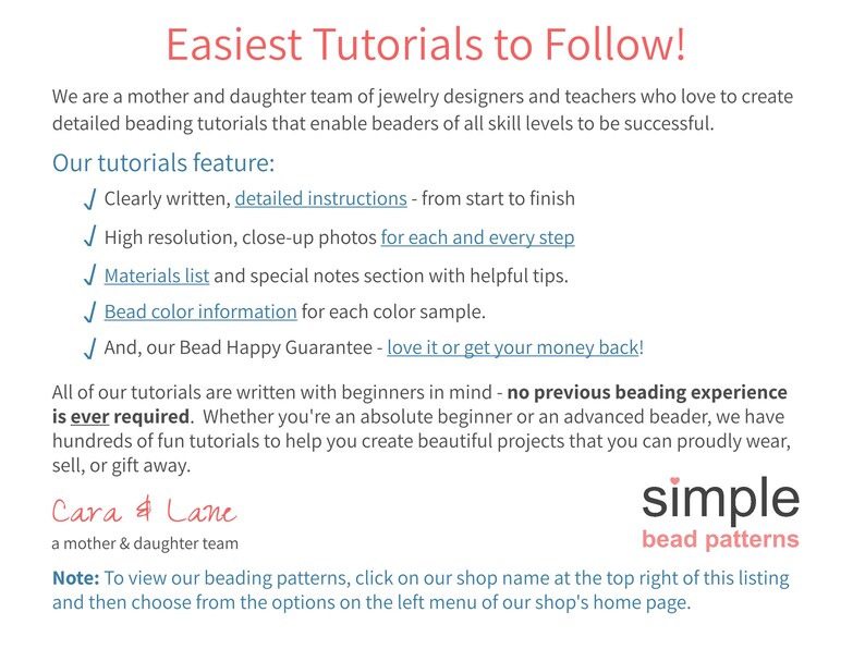 May include: Text on a white background reads "Easiest Tutorials to Follow!" with a list of features including detailed instructions, high-resolution photos, and a materials list. The text also mentions a mother-daughter team and "simple bead patterns."