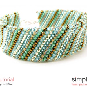 May include: A turquoise, gold, and silver beaded bracelet with a diagonal pattern. The bracelet is made with small seed beads and is approximately 2 inches wide. The bracelet is a DIY project and the pattern is available as a tutorial.