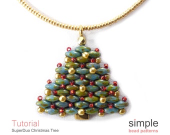 Albero di Natale con perline SuperDuos e modello di collana di perline, regali di perline di Natale fai da te, modelli di tessitura di perline, cucitura di perline, P-00384