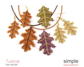 Oak Leaf Jewelry Pattern, Square Stitch Beading Pattern, DIY Beaded Fall Leaf Earrings and Necklace Pattern, Bead Weaving Patterns, P-00293