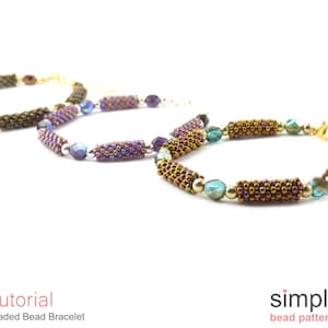 May include: Three beaded bracelets in different colors, including brown, purple, and teal. The bracelets are made with small seed beads and feature a simple, elegant design. The bracelets are displayed on a white background.  Tutorial: Beaded Bead Bracelet. simple bead patterns.