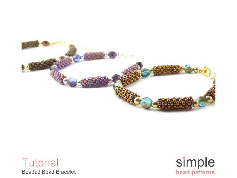 May include: Three beaded bracelets in different colors, including brown, purple, and teal. The bracelets are made with small seed beads and feature a simple, elegant design. The bracelets are displayed on a white background.  Tutorial: Beaded Bead Bracelet. simple bead patterns.