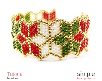 Brick Stitch Bracelet Beading Patterns, Jewelry Making Tutorial, Beaded Bracelet, DIY Christmas Beading, Beaded Poinsettia Bracelet, P-00408