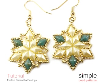 Beaded Poinsettia Earrings Pattern, Beginner Jewelry Making Christmas Beading, DiamonDuo Two Hole Bead Pattern, Simple Bead Patterns P-00162