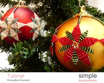 Beaded Christmas Poinsettia Ornament Pattern, Christmas Beading Patterns and Tutorials, Simple Seed Bead Patterns, Beaded Gifts Idea P-00315