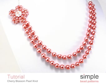 Two Strand Pearl Necklace Beading Pattern, Beaded Flower Pearl Knot Necklace Tutorial, Asymmetrical Pearl Necklace, Beaded Necklace, P-00073