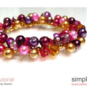 May include: A multi-colored beaded bracelet with gold beads, pink beads, purple beads, and clear beads. The bracelet is made with a stretchy cord.