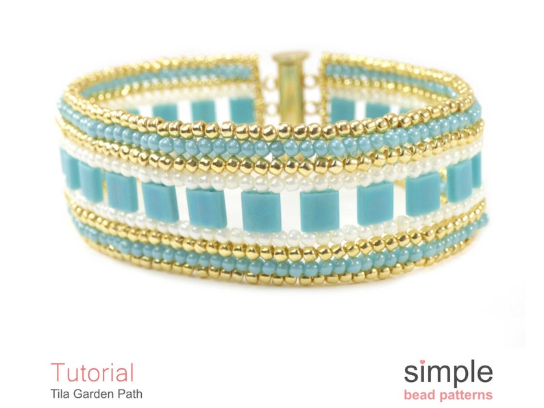 May include: A turquoise and gold beaded bracelet with a clasp fastening. The bracelet features a pattern of turquoise square beads and gold round beads.