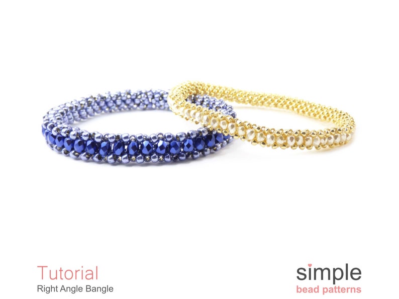 May include: Two beaded bracelets, one blue and silver, the other gold and white, on a white background. The bracelets are both made with small beads and are in the shape of a bangle. The text "Tutorial Right Angle Bangle" and "simple bead patterns" is visible below the bracelets.