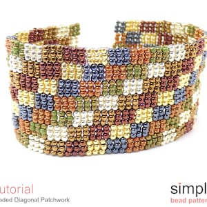 May include: A beaded bracelet with a diagonal patchwork design. The bracelet is made with small, colorful beads in shades of gold, brown, red, green, blue, and silver.