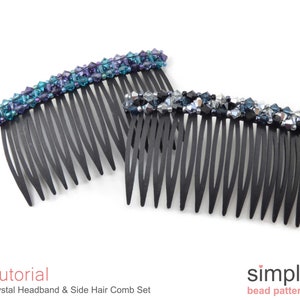 May include: Two black plastic hair combs with crystal bead embellishments. The top comb has blue and purple beads, while the bottom comb has silver and blue beads.  Tutorial: Crystal Headband & Side Hair Comb Set. simple bead patterns.