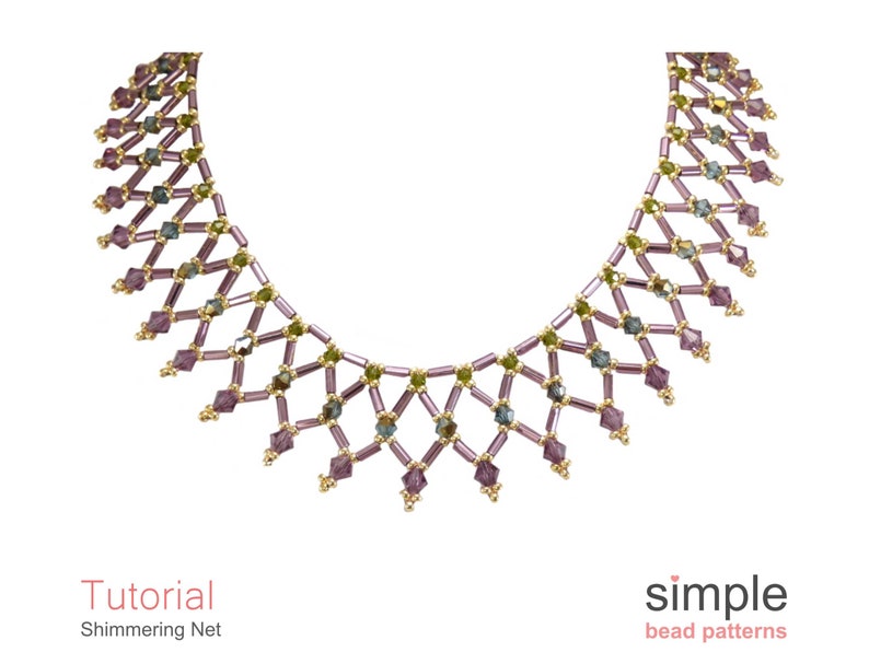May include: A gold, purple and green beaded necklace with a geometric design. The necklace is called "Shimmering Net" and is a simple bead pattern.