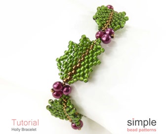 Beaded Holly Leaf Pattern, Seed Bead Pattern, Christmas Beading Pattern, Beaded Bracelet Pattern, Pearl & Seed Bead Bracelet Pattern P-00219