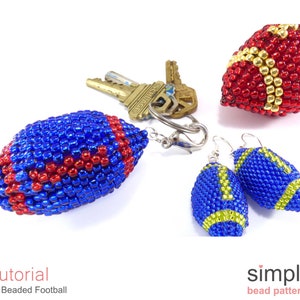 May include: A blue and red beaded football keychain with a gold key ring and two blue and gold beaded football earrings. The earrings are hanging from silver hooks. The image includes the text "Tutorial 3D Beaded Football" and "simple bead patterns".
