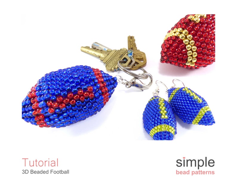 May include: A blue and red beaded football keychain with a gold key ring and two blue and gold beaded football earrings. The earrings are hanging from silver hooks. The image includes the text "Tutorial 3D Beaded Football" and "simple bead patterns".