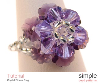 Swarovski Crystal Flower Ring Beading Tutorial, Beaded Ring Pattern, Beaded Stretch Ring, Simple Bead Patterns, Beaded Ring Tutorial P-00099