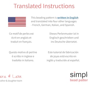 以下が含まれることがあります： 英語、フランス語、ドイツ語、イタリア語、スペイン語で書かれたビーズパターンの手順を示すグラフィック。グラフィックには、小さなアメリカ国旗が含まれています。