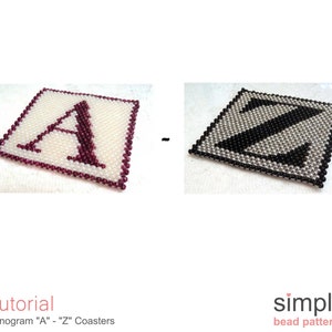 May include: Two beaded coasters, one with a burgundy letter "A" and the other with a black letter "Z" on a white background. The coasters are square and have a beaded border.