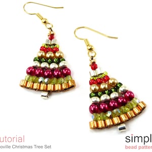 Beaded Christmas Tree Pattern, Brick Stitch Beading Patterns, Beadweaving Christmas Tree Earrings & Necklace, Jewelry Making Beading P-00441