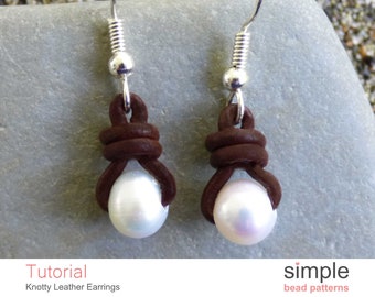 DIY Earrings Beading Pattern, Knotted Earrings Jewelry Making Tutorial, Leather Earrings Instructions, Pearl Earrings Bead Pattern, P-00229