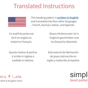 Puede incluir: Fondo blanco con texto rojo &laquo;Translated Instructions&raquo;. La imagen incluye la bandera estadounidense y texto que indica que el patr&oacute;n de cuentas est&aacute; escrito en ingl&eacute;s y traducido al franc&eacute;s, alem&aacute;n, italiano y espa&ntilde;ol.