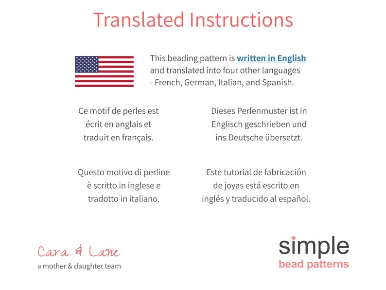 Puede incluir: Fondo blanco con texto rojo &laquo;Translated Instructions&raquo;. La imagen incluye la bandera estadounidense y texto que indica que el patr&oacute;n de cuentas est&aacute; escrito en ingl&eacute;s y traducido al franc&eacute;s, alem&aacute;n, italiano y espa&ntilde;ol.