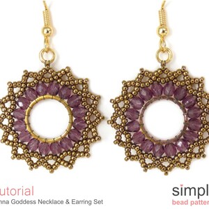May include: A pair of handmade earrings with a circular design. The earrings feature a gold-colored metal frame, surrounded by small, gold-colored beads and purple, oval-shaped beads. The earrings are suspended from gold-colored hooks. The text "Tutorial" and "Sunna Goddess Necklace & Earring Set" is visible.