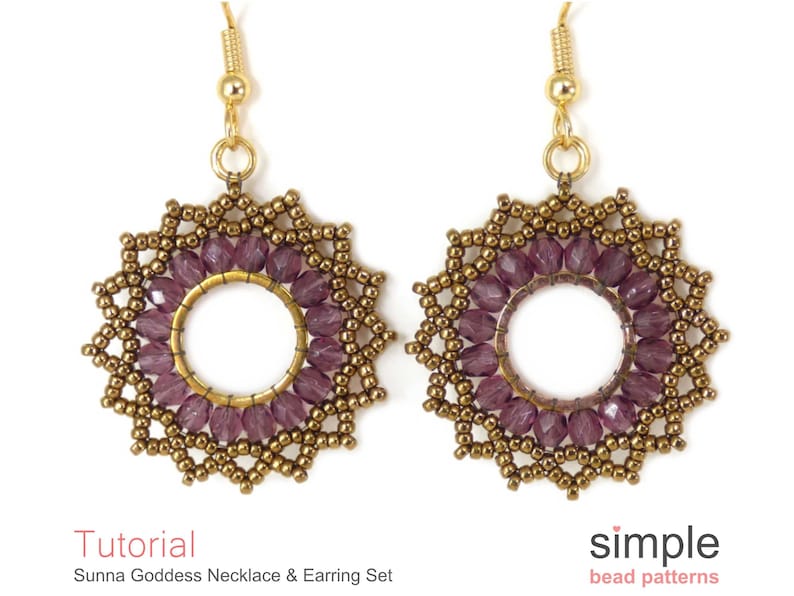 May include: A pair of handmade earrings with a circular design. The earrings feature a gold-colored metal frame, surrounded by small, gold-colored beads and purple, oval-shaped beads. The earrings are suspended from gold-colored hooks. The text "Tutorial" and "Sunna Goddess Necklace & Earring Set" is visible.