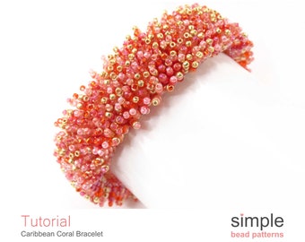 Patrón PDF para pulsera de peyote con flecos y cuentas: Diseño de "Pulsera de coral caribeño"