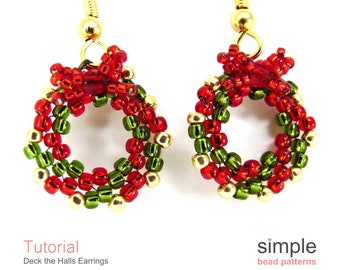 Beaded Wreath Seed Bead Earrings Pattern and Tutorial, Beaded Christmas Hoop Earrings Beading Pattern, Beadweaving, Jewelry Wreath, P-00122