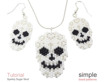 Beaded Sugar Skull Bead Patterns, Halloween Beading Day of the Dead Jewelry Making Tutorials, Peyote Stitch Earrings Necklace Brooch P-00357