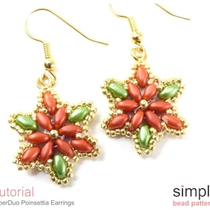 Beaded Poinsettia Earrings Pattern, Christmas Dangle Earrings Beading Patterns, Beadweaving Beading Tutorial, SuperDuo Bead Pattern, P-00386