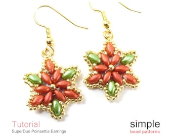 Beaded Poinsettia Christmas Earrings Pattern PDF: "SuperDuo Poinsettia Earrings" Design