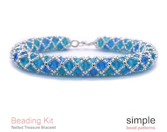 Beaded Tube Bracelet Making Kit for Adults (in Aquamarine, Teal, Sapphire, and Silver): "Netted Treasure" Design