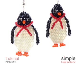 Penguins Earrings & Necklace Christmas Beading Pattern, Jewelry Making Tutorials, Beadweaving, Beaded Gift Ideas for Penguin Lovers, P-00300