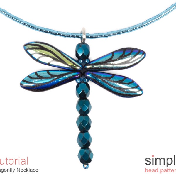 Dragonfly Necklace Beading Tutorial, Beaded Dragonfly Pendant Necklace Pattern, Beaded Gifts Ideas, Beading Patterns for Beginners, P-00135