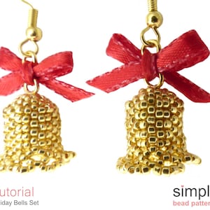 May include: Gold bead earrings with red ribbon bows. The earrings are shaped like bells and are a holiday themed design.