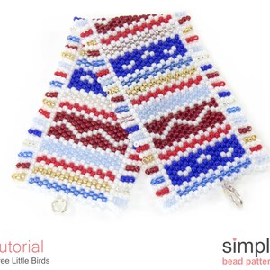 May include: A beaded bracelet featuring a geometric pattern in red, white, blue, and gold. The bracelet is crafted with small seed beads and has a simple clasp.